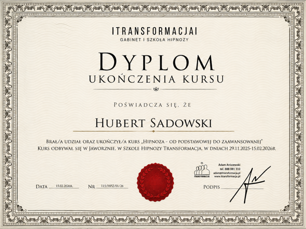 Dyplom Ukończenia Kursu „Hipnoza – od podstawowej do zaawansowanej”