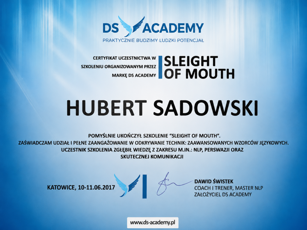 Certyfikat uczestnictwa w szkoleniu organizowanym przez marke DS Academy Hubert Sadowski